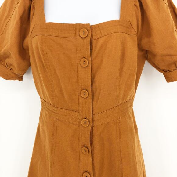 Madewell Womens Midi Dress 00 Brown Seamed Puff-Sleeve Button Front NK416 NWT - Picture 6 of 14